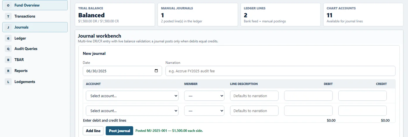 Cassandra SMSF — Manual journals & trial balance