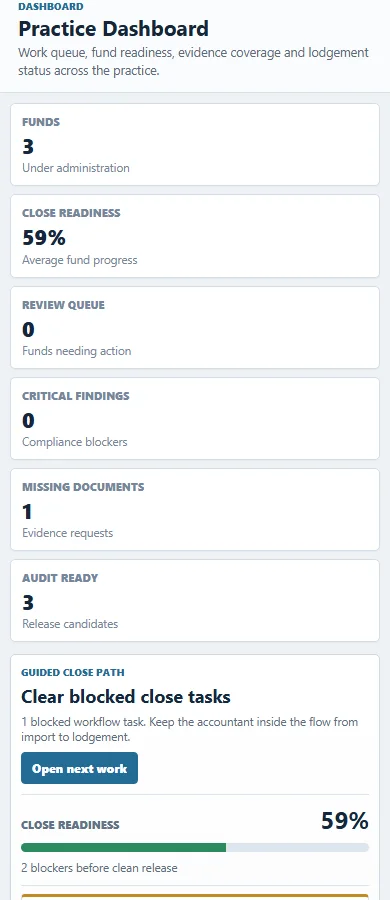 Cassandra SMSF practice dashboard on a mobile device.